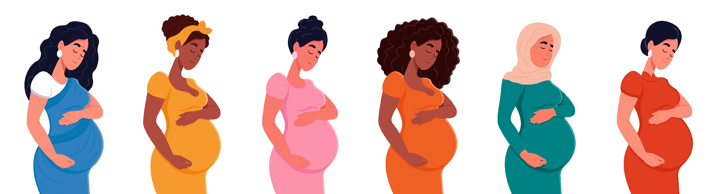 Set of different pregnant women. African American, Muslim, Indian, African, Chinese, Asian. Young beautiful multiethnic pregnant women of different nationalities. Diversity, multi-ethnic society Set of different pregnant women. African American, Muslim, Indian, African, Chinese, Asian. Young beautiful multiethnic pregnant women of different nationalities. Diversity, multi-ethnic society